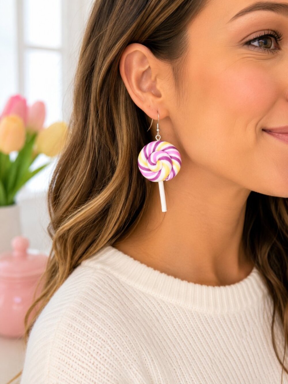 Purple Yellow Lollipop Dangle Earrings Candy Swirl Kawaii Festival Fun